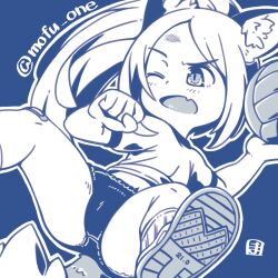Rule 34 | 1girl, animal ear fluff, animal ears, ball, blue background, blue buruma, buruma, commission, fang, holding, holding ball, mawaru (mawaru), one eye closed, open mouth, original, outline, ponytail, shirt, shoe soles, short sleeves, simple background, skin fang, solo, spread legs, tail, twitter username, white hair, white outline, white shirt, wolf ears, wolf girl, wolf tail