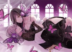 Rule 34 | alternate costume, bed, bedroom, black hair, butterfly hair ornament, butterfly wings, face-to-face, grey hair, hair ornament, haru (haru2079), headphones, highres, holding hands, indoors, insect wings, interlocked fingers, long hair, looking at viewer, lying, magnet (vocaloid), mole, mole under eye, nijisanji, on back, on bed, orange eyes, purple eyes, shirayuki tomoe, sukoya kana, virtual youtuber, vocaloid, wings, x hair ornament, yuri
