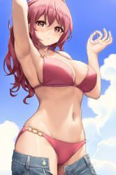 Rule 34 | 1girl, absurdres, arm behind head, arm up, armpits, bare shoulders, bikini, blue sky, blush, breasts, cleavage, clothes pull, cloud, collarbone, commentary request, day, denim, denim shorts, highres, large breasts, long hair, looking at viewer, navel, open fly, original, outdoors, pink bikini, pink eyes, pink hair, presenting armpit, red hair, sawada yuusuke, shorts, shorts pull, sky, solo, standing, swimsuit