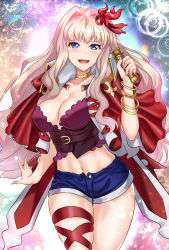Rule 34 | absurdres, bow, bracelet, breasts, cleavage, crossed legs, gold choker, hair bow, highres, holding, holding microphone, jewelry, macross, macross frontier, macross frontier: itsuwari no utahime, microphone, midriff, navel, nez-box, open mouth, sheryl nome, signature