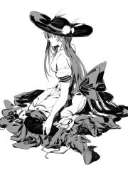 Rule 34 | 1girl, back bow, boots, bow, closed mouth, cross-laced footwear, food, fruit, full body, greyscale, hat, high heel boots, high heels, highres, hinanawi tenshi, knee boots, lace-up boots, long hair, long skirt, looking at viewer, looking to the side, monochrome, peach, puffy short sleeves, puffy sleeves, ruukii drift, shirt, shoe soles, short sleeves, simple background, sitting, skirt, solo, sun hat, thighhighs, touhou, white background