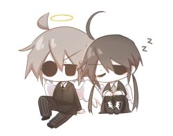 Rule 34 | 1boy, 1girl, ahoge, alela grora (funamusea), angel, angel wings, black eyes, black footwear, black hair, black jacket, black necktie, black pants, black pantyhose, boots, buttons, chibi, closed eyes, collared shirt, colored skin, commentary, english commentary, eyepatch, funamusea, grey hair, grey shirt, haiiro teien, halo, huge ahoge, jacket, long hair, low twintails, mob face, necktie, no mouth, open clothes, open jacket, pants, pantyhose, shirt, short hair, simple background, sleeping, striped clothes, striped pants, tsz ju2mao1, twintails, vertical-striped clothes, vertical-striped pants, white background, white shirt, white skin, wings, wodahs (funamusea), zzz