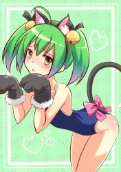 Rule 34 | 10s, 1girl, :o, ahoge, ame no uta, animal ears, animal hands, bell, blush, bow, cat ears, cat paw, cat tail, collarbone, gj-bu, green hair, hair bell, hair ornament, highres, jingle bell, kannazuki tamaki, open mouth, short hair, solo, swimsuit, tail, tears, twintails, yellow eyes