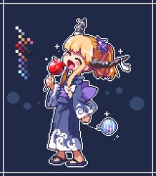 Rule 34 | 1girl, ^ ^, blue background, blush, blush stickers, candy apple, closed eyes, color guide, commentary, commentary request, food, full body, holding, horn ornament, horn ribbon, horns, ibuki suika, japanese clothes, kimono, kumamoto (bbtonhk2), long sleeves, lowres, oni, open mouth, orange hair, pixel art, ribbon, sandals, short hair, sidelocks, simple background, smile, solo, sparkle, standing, touhou, water balloon, yukata