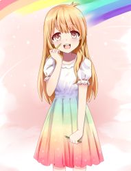 Rule 34 | 1girl, bad id, bad pixiv id, beifeng han, blonde hair, blush, cyou shigen, dress, gradient dress, long hair, looking at viewer, open mouth, original, pen, puffy short sleeves, puffy sleeves, rainbow, rainbow gradient, red eyes, revision, short sleeves, simple background, smile, solo
