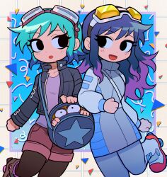 Rule 34 | 2girls, aqua hair, bag, black eyes, blue hair, blush, dual persona, g tsurius, goggles, goggles on head, highres, in bag, in container, jacket, long hair, long sleeves, looking at another, multicolored hair, multiple girls, open mouth, pantyhose, purple hair, ramona flowers, roller skates, scott pilgrim, scott pilgrim (series), scott pilgrim takes off, short hair, shorts, skates, smile, two-tone hair