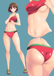 Rule 34 | 1girl, ass, back, blue background, bob cut, brown hair, buruma, closed mouth, clothes lift, cropped torso, green footwear, hands on own chest, highres, legs, lifted by self, light frown, looking at viewer, medium hair, moroheiya (moroheiya-works), multicolored footwear, multiple views, navel, no socks, original, purple eyes, purple footwear, red buruma, red sports bra, shirt lift, shoes, simple background, sneakers, solo, sports bikini, sports bra, standing, thighs
