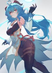 Rule 34 | 1girl, absurdres, ahoge, armpits, bare shoulders, black gloves, black pantyhose, blue hair, bodysuit, breasts, detached sleeves, dutch angle, from behind, ganyu (genshin impact), genshin impact, gloves, hair between eyes, highres, horns, large breasts, long hair, looking at viewer, pantyhose, shizu (shizuillust), sideboob, solo, thighs, very long hair, white background, yellow eyes