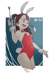 Rule 34 | 1girl, :d, animal ears, asymmetrical bangs, blue background, border, breasts, brown hair, covered navel, detached collar, highres, kagari atsuko, leotard, little witch academia, long hair, open mouth, outside border, playboy bunny, psylduck, rabbit ears, red eyes, red leotard, short sidetail, small breasts, smile, solo, wand, white border, wrist cuffs