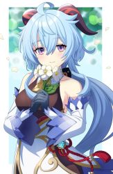 Rule 34 | ahoge, bare shoulders, bell, black gloves, blue hair, blush, breasts, chinese knot, detached sleeves, flower, flower knot, ganyu (genshin impact), genshin impact, gloves, gold trim, highres, holding, holding flower, horns, itsumiruka, long hair, looking at viewer, medium breasts, neck bell, parted lips, petals, purple eyes, qingxin flower, red rope, rope, sideboob, smile, solo, upper body, vision (genshin impact), white flower, white sleeves