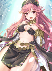 Rule 34 | 1girl, armlet, blush, braid, breasts, cleavage, collar, cowboy shot, fire emblem, fire emblem awakening, fire emblem heroes, hairband, hand on own chest, highres, long hair, looking at viewer, medium breasts, midriff, navel, nintendo, o-ring, o-ring top, olivia (fire emblem), open mouth, pelvic curtain, petals, pink eyes, pink hair, sash, smile, solo, tayashitsu, thighs, twin braids, wide hips