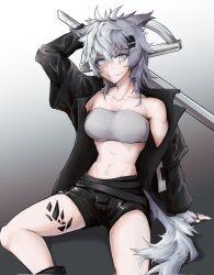 Rule 34 | 1girl, animal ears, arknights, arm up, bandeau, belt, black belt, black jacket, black shorts, commentary request, fingerless gloves, gloves, gradient background, grey background, grey eyes, grey gloves, grey hair, grin, hair ornament, hairclip, highres, jacket, lappland (arknights), long hair, long sleeves, looking at viewer, material growth, midriff, navel, off shoulder, open clothes, open jacket, oripathy lesion (arknights), short shorts, shorts, single bare shoulder, sitting, skorpion (kenji wdnmd), smile, solo, stomach, strapless, sword, tail, thighs, tube top, weapon, wolf ears, wolf tail