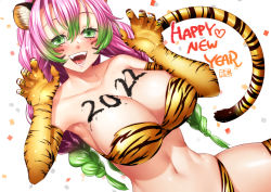 Rule 34 | 1girl, 2021, animal print, bikini, blush, body writing, braid, breasts, chinese zodiac, cleavage, collarbone, confetti, elbow gloves, fangs, gloves, green eyes, green hair, happy new year, kanroji mitsuri, kimetsu no yaiba, large breasts, looking at viewer, mole, mole under eye, multicolored hair, new year, neziiro, open mouth, pink hair, simple background, smile, swimsuit, thighhighs, tiger print, twin braids, two-tone hair, white background, year of the tiger