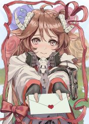 Rule 34 | 1girl, absurdres, ahoge, animal ears, arknights, blue flower, blush, brown hair, eyjafjalla (arknights), fingerless gloves, flower, gloves, goggles around arm, hair between eyes, heart, heart of string, highres, horns, letter, long sleeves, looking at viewer, love letter, mask, mask around neck, meganeno dokitsui, outstretched hand, red eyes, red flower, red ribbon, ribbon, sheep ears, sheep girl, sheep horns, solo, yellow flower