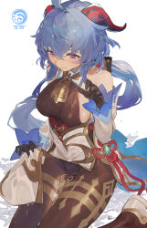 Rule 34 | 1girl, ahoge, bare shoulders, bell, black gloves, black leotard, blue hair, blush, bodystocking, bodysuit, bow, breasts, brown pantyhose, chinese knot, clothes lift, detached sleeves, flower knot, ganyu (genshin impact), genshin impact, gloves, gold trim, groin, high heels, highres, horns, legs together, leotard, leotard under clothes, lifting own clothes, long hair, low ponytail, medium breasts, neck bell, pantyhose, pelvic curtain, pelvic curtain lift, purple eyes, sideboob, sidelocks, sitting, skindentation, solo, thighlet, thighs, vision (genshin impact), wariza, wet, wet clothes, white sleeves, yakihoko