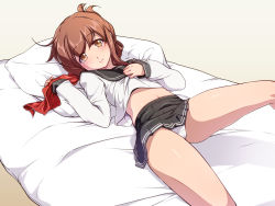 Rule 34 | 10s, 1girl, bad id, bad pixiv id, bed, blush, brown eyes, brown hair, cameltoe, clothes lift, flat chest, folded ponytail, highres, inazuma (kancolle), kantai collection, looking at viewer, lying, midriff, navel, on back, panties, personification, ryo-ma, school uniform, serafuku, shiny skin, shirt lift, short hair, smile, solo, thighs, underwear, white panties