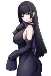 Rule 34 | 1girl, :o, absurdres, black choker, black hair, blunt bangs, blush, bocchi the rock!, breasts, chin piercing, choker, colored inner hair, dress, ear piercing, goth fashion, highres, hime cut, kushinaka, large breasts, long hair, long sleeves, looking at viewer, multicolored hair, pa-san, piercing, purple hair, sideboob, sleeves past wrists, solo, white background