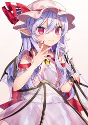 Rule 34 | 1girl, alternate hair length, alternate hairstyle, back bow, bare shoulders, bat wings, blue hair, blush, bow, brooch, closed mouth, commentary request, cowboy shot, dress, finger to mouth, fingernails, frills, gunjou row, hair between eyes, hat, hat ribbon, highres, jewelry, long hair, looking at viewer, mob cap, nail polish, pink dress, pointy ears, red bow, red eyes, red nails, red ribbon, remilia scarlet, ribbon, sharp fingernails, simple background, slit pupils, smile, solo, touhou, transparent wings, very long hair, white background, wings