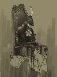 Rule 34 | 1girl, artist name, ascot, bloodborne, brown theme, chair, closed mouth, covered eyes, feathers, gloves, grey hair, hat, hat feather, highres, holding, holding sword, holding weapon, lady maria of the astral clocktower, long hair, sitting, sketch, solo, sword, the old hunters, tricorne, tripdancer, weapon
