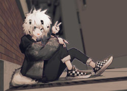 Rule 34 | 1girl, :d, animal ears, arknights, black hoodie, black nails, black pants, bracelet, brick wall, camouflage, camouflage jacket, checkered footwear, commentary request, full body, grey eyes, grey jacket, hair ornament, hairclip, hand on own knee, hand up, highres, hood, hood down, hoodie, jacket, jewelry, knees up, korean commentary, lappland (arknights), long sleeves, looking at viewer, looking to the side, nail polish, open clothes, open jacket, open mouth, pants, parted lips, puffy long sleeves, puffy sleeves, ring, runamonet, shoes, silver hair, sitting, smile, sneakers, solo, tail, v, wolf ears, wolf girl, wolf tail, wristband