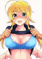 Rule 34 | 1girl, ahoge, blonde hair, blue bra, blue eyes, blue shirt, blush, bra, breasts, cleavage, clothes lift, full-face blush, grabbing, hachimiya meguru, hair ornament, hairclip, idolmaster, idolmaster shiny colors, large breasts, long hair, looking at viewer, low twintails, open mouth, out of frame, polo shirt, shiroyukimajima, shirt, shirt lift, simple background, smile, solo focus, twintails, underwear, white background