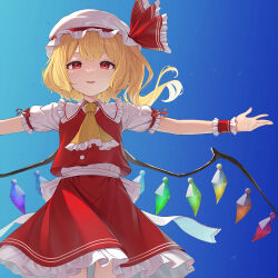 Rule 34 | 1girl, ascot, blonde hair, blush, collared shirt, cowboy shot, crystal, flandre scarlet, frilled skirt, frills, hat, kanpa (campagne 9), long hair, mob cap, one side up, open mouth, red eyes, red skirt, red vest, shirt, short sleeves, skirt, solo, touhou, vest, white hat, white shirt, wings, wrist cuffs, yellow ascot