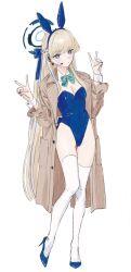Rule 34 | 1girl, animal ears, blonde hair, blue archive, blue bow, blue eyes, blue footwear, blue hair, blue leotard, blush, bow, bowtie, breasts, brown coat, coat, detached collar, double v, fake animal ears, full body, gomibako (gomibako price), headset, high heels, highleg, highleg leotard, highres, leotard, long hair, long sleeves, looking at viewer, medium breasts, multicolored hair, open clothes, open coat, playboy bunny, rabbit ears, simple background, solo, standing, thighhighs, toki (blue archive), toki (bunny) (blue archive), v, very long hair, white background, white thighhighs, wrist cuffs
