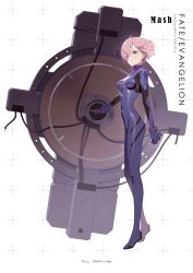 Rule 34 | 1girl, absurdres, bodysuit, breasts, unworn eyewear, fate/grand order, fate (series), glasses, hair over one eye, highres, holding, holding removed eyewear, holding shield, impossible bodysuit, impossible clothes, light purple hair, looking at viewer, lord camelot (fate), mash kyrielight, multicolored bodysuit, multicolored clothes, neon genesis evangelion, pilot suit, plugsuit, purple eyes, rebuild of evangelion, scan, shield, short hair, siino, simple background, skin tight, solo