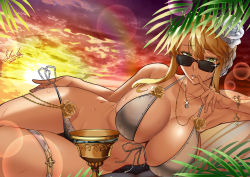 Rule 34 | 1girl, absurdres, artoria pendragon (fate), artoria pendragon (lancer) (fate), bare shoulders, bikini, blonde hair, braid, breasts, chalice, cleavage, collarbone, cup, fate/grand order, fate (series), flower, french braid, gradient sky, green eyes, grey bikini, hair between eyes, hair flower, hair ornament, highres, jewelry, large breasts, lens flare, long hair, looking at viewer, looking over eyewear, looking over glasses, lying, necklace, on side, orange sky, parted lips, shiki (love-saber), sidelocks, sky, sunglasses, sunset, swimsuit, thighs, tinted eyewear, twilight, wet