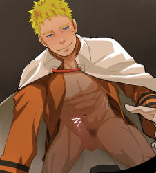 Rule 34 | 1boy, blonde hair, blue eyes, censored, erection, facial mark, itto (mentaiko), male focus, naruto, naruto (series), nipples, pectorals, penis, smile, solo, spiked hair, tagme, thighs, topless male, whisker markings
