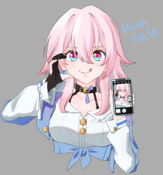 Rule 34 | 1girl, :q, archery shooting glove, black choker, black gloves, blue eyes, blue jacket, breasts, buttons, cellphone, character name, choker, commentary request, cropped torso, dress shirt, earrings, gloves, grey background, highres, holding, holding phone, honkai: star rail, honkai (series), jacket, jewelry, long sleeves, looking at viewer, march 7th (honkai: star rail), medium breasts, medium hair, partially fingerless gloves, phone, pink eyes, pink hair, purple eyes, recursion, shirt, simple background, single earring, single glove, smartphone, smile, tied jacket, tongue, tongue out, two-tone eyes, upper body, wahi (hhainanoda), white shirt