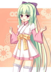 Rule 34 | 1girl, :d, absurdres, blunt bangs, blunt ends, blush, bow, chinese commentary, commentary, cowboy shot, drop shadow, eyes visible through hair, green hair, half updo, hands up, happy, highres, hime cut, japanese clothes, kimono, long hair, long sleeves, looking at viewer, multicolored clothes, multicolored kimono, murasame (senren), official alternate costume, official alternate hairstyle, open mouth, orange background, pink kimono, purple bow, red eyes, sash, senren banka, short kimono, shu pian, sidelocks, simple background, smile, solo, straight hair, thighhighs, tsurime, very long hair, w arms, white kimono, white thighhighs, wide sleeves, yellow bow, yellow sash, zettai ryouiki