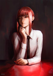 Rule 34 | 1girl, artist name, chainsaw man, cheesewoo, closed mouth, collared shirt, elbow rest, highres, lips, long sleeves, looking at viewer, makima (chainsaw man), necktie, pov across table, red eyes, red hair, ringed eyes, shirt, sidelocks, solo, upper body, white shirt