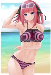 Rule 34 | 1girl, bare legs, bare shoulders, beach, bikini, black ribbon, blue eyes, blush, breasts, butterfly hair ornament, collarbone, eyebrows hidden by hair, go-toubun no hanayome, grin, hair ornament, highres, large breasts, legsta, looking at viewer, nakano nino, navel, ocean, outdoors, pink bikini, pink hair, raised eyebrow, ribbon, simple background, smile, stomach, striped bikini, striped clothes, swimsuit, twintails, v, vertical-striped bikini, vertical-striped clothes