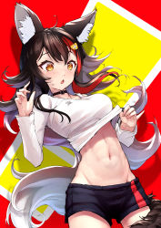 Rule 34 | 1girl, abs, ahoge, animal ear fluff, animal ears, black hair, black shorts, blush, breasts, clothes lift, clothes pull, clothing cutout, fingernails, flipped hair, groin, hair between eyes, hair ornament, hairclip, highres, hololive, lifting own clothes, long hair, looking down, low ponytail, medium breasts, midriff, mitsuru (pixiv 34028718), multicolored hair, navel, ookami mio, ookami mio (casual), red hair, shirt, shirt lift, short shorts, shorts, shorts pull, shoulder cutout, sidelocks, solo, spiked hair, streaked hair, tail, tail around own leg, tail wrap, toned, very long hair, virtual youtuber, white hair, white shirt, wolf ears, wolf girl, wolf tail, yellow eyes