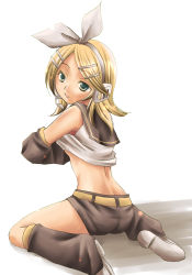Rule 34 | bad id, bad pixiv id, blonde hair, bow, butt crack, clothes lift, detached sleeves, green eyes, hair ornament, hairclip, hashi moto, headset, kagamine rin, shirt lift, shorts, solo, vocaloid