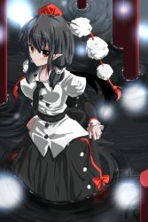Rule 34 | 1girl, black hair, blush, breasts, clothes lift, hat, long sleeves, looking at viewer, necktie, pointy ears, pom pom (clothes), red eyes, shameimaru aya, skirt, skirt lift, smile, solo, suka (gn0000i), tokin hat, touhou, wings