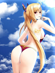 Rule 34 | 1girl, ass, back, back tattoo, bad id, bad pixiv id, blonde hair, breasts, cave (developer), day, dodonpachi, dodonpachi saidaioujou, gayprince, highres, large breasts, long hair, one-piece thong, panties, red eyes, shuri (saidaioujou), sideboob, sky, slingshot swimsuit, smile, solo, swimsuit, tattoo, thong, underwear