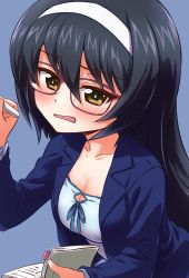 Rule 34 | 1girl, alternate costume, black hair, blue jacket, blush, book, bookmark, breasts, brown eyes, chalk, cleavage, cleavage cutout, clothing cutout, collarbone, commentary request, front-tie top, furrowed brow, girls und panzer, glasses, headband, highres, holding, holding book, holding chalk, inoue kouji, jacket, leaning forward, long hair, open mouth, reizei mako, simple background, suit jacket, teacher, white headband