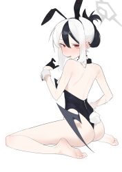 Rule 34 | 1girl, alternate costume, animal ears, back, bare legs, bare shoulders, barefoot, bat wings, black gloves, black hair, black leotard, blue archive, blurry, blush, commentary, fake animal ears, fataaa, feet, folded ponytail, from behind, gloves, halo, highleg, highleg leotard, highres, kayoko (blue archive), leotard, long hair, looking back, multicolored hair, parted lips, playboy bunny, rabbit ears, red eyes, simple background, sitting, soles, solo, streaked hair, sweat, thong leotard, toes, upper body, wariza, white background, white hair, wings, wrist cuffs