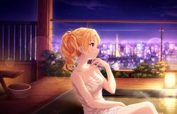 Rule 34 | 1girl, bath, blonde hair, blurry, bokeh, breasts, city, cleavage, depth of field, head rest, idolmaster, idolmaster cinderella girls, idolmaster cinderella girls starlight stage, kiryu tsukasa (idolmaster), medium breasts, naked towel, night, night sky, official art, onsen, parted lips, ponytail, purple eyes, sky, solo, sparkle, towel, water, wet