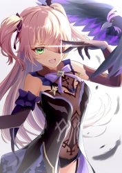Rule 34 | 1girl, bare shoulders, bird, black gloves, black ribbon, blonde hair, breasts, commentary, detached sleeves, english commentary, eyepatch, fischl (genshin impact), genshin impact, gloves, green eyes, hair ribbon, highres, mon-chan, open mouth, oz (genshin impact), purple ribbon, ribbon, small breasts, smile, solo, two side up, upper body