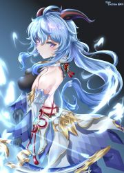 Rule 34 | 1girl, ahoge, amos&#039; bow (genshin impact), back, backless outfit, black gloves, blue hair, bow, bow (weapon), breasts, byeoljagga, chinese knot, detached sleeves, flower knot, ganyu (genshin impact), genshin impact, gloves, gold trim, highres, holding, holding bow (weapon), holding weapon, horns, long hair, looking at viewer, low ponytail, making-of available, medium breasts, purple eyes, sidelocks, solo, tassel, vision (genshin impact), waist cape, weapon, white sleeves