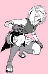 Rule 34 | 1girl, absurdres, bandaged leg, bandages, breasts, clenched hand, elbow sleeve, fighting stance, full body, gloves, green eyes, hair over one eye, hairband, haruno sakura, highres, holster, looking at viewer, medium breasts, nanase miri, naruto (series), parted bangs, pink background, shirt, short hair, sleeveless, sleeveless shirt, solo, spot color, squatting, thigh holster, toeless footwear