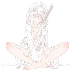 Rule 34 | 1girl, :o, barefoot, between legs, blush, bottomless, coat, collarbone, commentary request, crossed ankles, glasses, hair over one eye, hand between legs, highres, hood, hood up, hooded jacket, jacket, katana, long hair, long sleeves, looking at viewer, naked coat, open clothes, open jacket, original, parted lips, partially colored, sakuya tsuitachi, sheath, sheathed, simple background, sitting, sketch, solo, sword, unfinished, very long hair, weapon, white background
