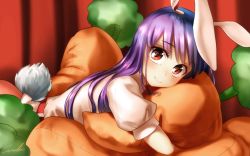 Rule 34 | 1girl, animal ears, carrot-shaped pillow, closed mouth, light purple hair, long hair, looking at viewer, lying, hugging object, on stomach, pillow, pillow hug, puffy short sleeves, puffy sleeves, purple hair, rabbit ears, rabbit girl, rabbit tail, red eyes, reisen udongein inaba, shirt, short sleeves, signature, skirt, smile, solo, tail, touhou, welt (kinsei koutenkyoku)