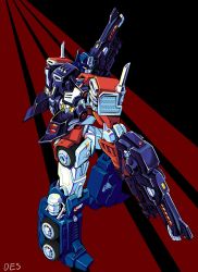 Rule 34 | autobot, ct990413, dual wielding, gun, highres, holding, holding gun, holding weapon, looking down, mecha, optimus prime, robot, science fiction, solo, standing, transformers, weapon, wheel, yellow eyes