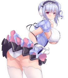 Rule 34 | 1girl, ass, azur lane, blue dress, blunt bangs, blush, breasts, center frills, closed mouth, clothing cutout, dido (azur lane), dido (muse) (azur lane), dress, expressionless, framed breasts, frilled headband, frills, from behind, gloves, headphones, highres, idol, idol clothes, large breasts, long hair, looking at viewer, panties, plaid, plaid skirt, purple eyes, red eyes, side ponytail, sideboob, silver hair, simple background, skirt, solo, thighhighs, thighs, underboob, underboob cutout, underwear, white background, white gloves, white panties, white thighhighs, yuuki shuri
