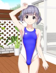 Rule 34 | 1girl, arena (company), bench, black eyes, blue one-piece swimsuit, collarbone, competition swimsuit, cowboy shot, deck, fence, flat chest, highres, kantai collection, looking at viewer, one-piece swimsuit, ooshio (kancolle), outdoors, plant, potted plant, purple hair, short twintails, sliding doors, smile, solo, swimsuit, takafumi, trellis, twintails