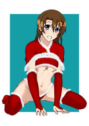 Rule 34 | 1girl, blue eyes, blush, breasts, brown hair, christmas, elbow gloves, gloves, grin, hair ornament, highres, kunisaki-air, large breasts, looking at viewer, lyrical nanoha, mahou shoujo lyrical nanoha strikers, navel, red gloves, red thighhighs, short hair, smile, solo, thighhighs, underboob, x hair ornament, yagami hayate